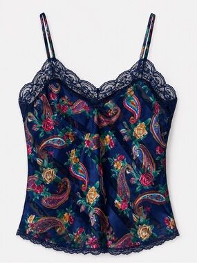 Satin Floral Paisley Chemise Going Out Top Lingerie Festival Blue Lace Trim